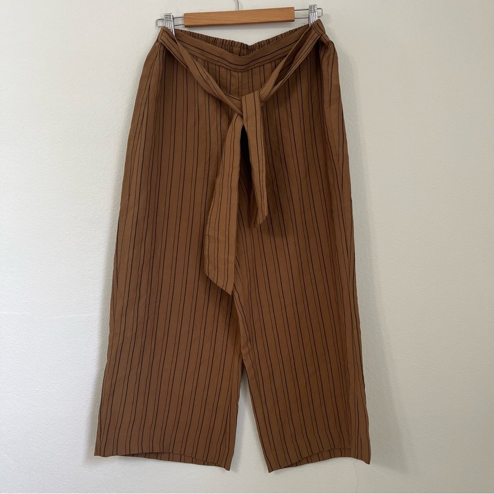 Calvin Klein Brown Pinstriped Elastic Waist Tie Wide Leg Cropped Pants Size 10